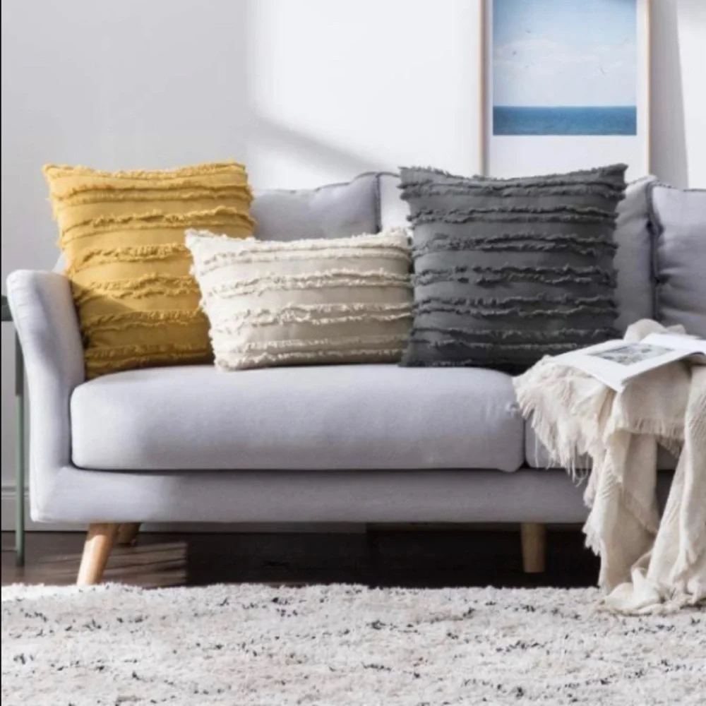 Luxury Home | Oversized Mustard Boho Frayed Edge Striped Jaquard Pillow Covers